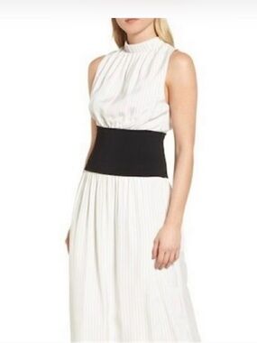 Lewis Sleeveless White & Black Pin Stripe Maxi Dress with Black Waist Panel